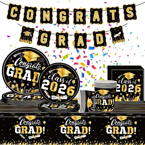 Black And Gold Graduation Party Supplies Disposable Tableware Set Paper Plates Cups Napkins Tablecloth Congrats Grad Decorations
