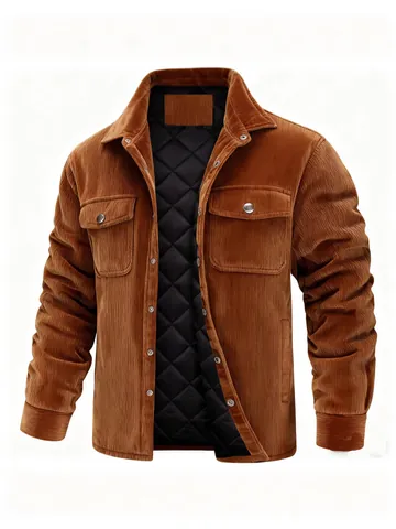 Veste en Velours Côtelé pour Homme Vintage Américain Simple Boutonnage Revers Rembourrée Doublée de Polaire Matelassée Manteau de Travail Décontracté Chaud