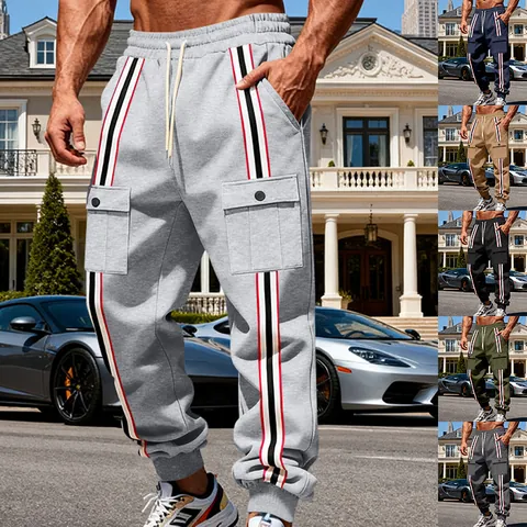 Amerikanische Retro Herren Schwere Fleece Gefüttert Cargo Sweatpants Winter Warm Mehrere Taschen Seitenstreifen Jogginghose Freizeithose