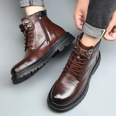 Bottines Martin en Cuir de Vachette Pleine Fleur pour Hommes Style Workwear Rétro à Lacets Avec Fermeture Éclair Latérale Semelle Épaisse Bottes d'Hiver Chaudes pour Hommes