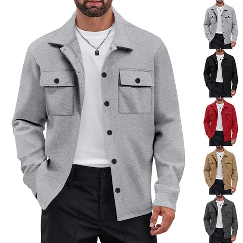 Men's Heavyweight Fleece Lined Workwear Shirt Jacket Vintage Lapel Single Breasted Commuter Coat Polyester Spandex Top