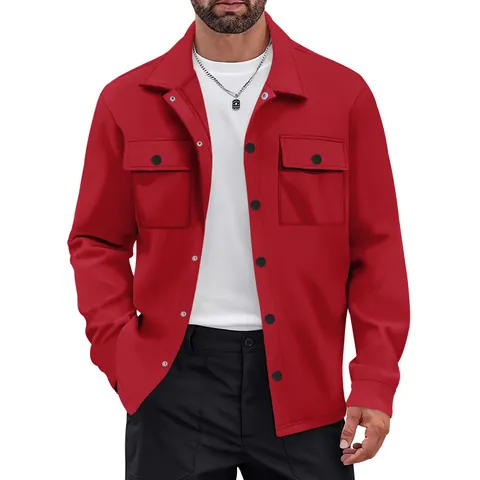 Men's Heavyweight Fleece Lined Workwear Shirt Jacket Vintage Lapel Single Breasted Commuter Coat Polyester Spandex Top