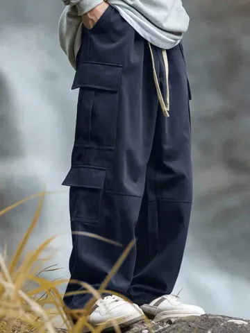 Men's Outdoor Cargo Pants Multi-pocket Straight Leg Loose Fit Splicing Casual Long Pants Drawstring Techwear Trousers
