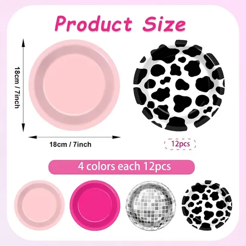 Vaisselle Jetable de Fête Thème Dessin Animé Rose Vache Disco Assiettes en Papier Couteaux Fourchettes Cuillères pour Anniversaire