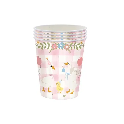 Cute Pink Gingham Goose Theme Disposable Party Tableware Set 20 Pieces Paper Plates Cups Napkins Cutlery For Kids Birthday Decoration