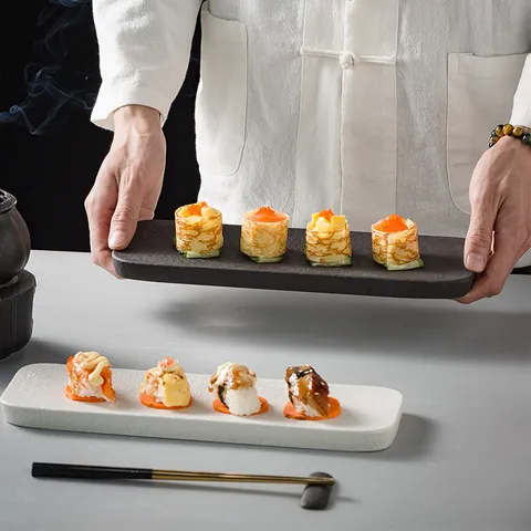 Japanese Style Rectangular Ceramic Sushi Plate Matte Underglaze Embossed Texture Serving Tray For Restaurant Home Dish