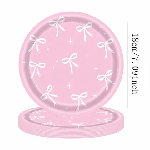 Pink Ribbon Bow Party Tableware Set Disposable Paper Plates Napkins Cups Plastic Cutlery For Birthday Wedding Party Decorations