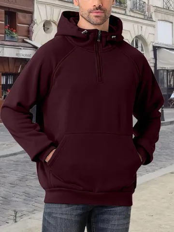 Heren Half Zip Hoodie Verdikte Fleece Polyester Sweatshirt Effen Kleur Casual Winter Top Met Capuchon Urban Outdoor Mode Jas