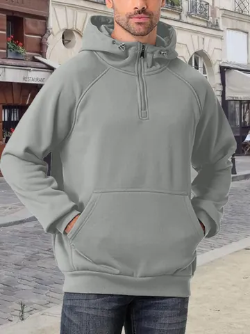 Heren Half Zip Hoodie Verdikte Fleece Polyester Sweatshirt Effen Kleur Casual Winter Top Met Capuchon Urban Outdoor Mode Jas