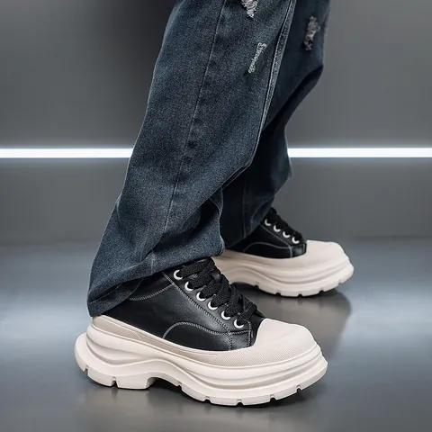 Men Height Increasing Platform Shoes Thick Sole British Style Contrast Martin Shoes Casual Footwear Microfiber Upper