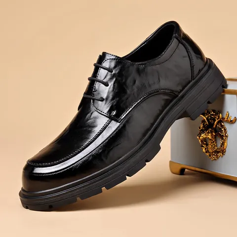 Men Business Casual Leather Shoes Genuine Cowhide Derby Lace-Up Non-Slip Thick Sole Formal Dress Shoes Commuting Footwear