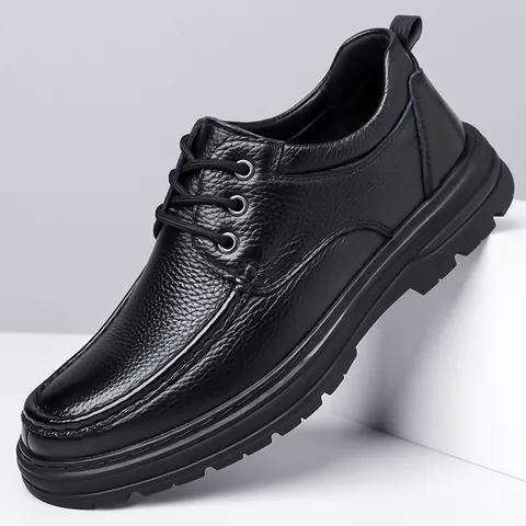 Men Business Casual Leather Shoes Top Grain Cowhide Anti-slip Rubber Sole Lace-up Oxford Loafers Comfortable Breathable Daily Footwear