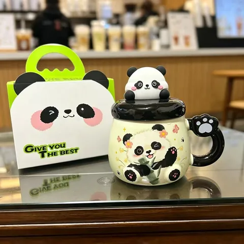 3D Cute Panda Ceramic Mug With Lid Paw Shaped Handle Creative Coffee Milk Cup For Students Office Women High Appearance Cup