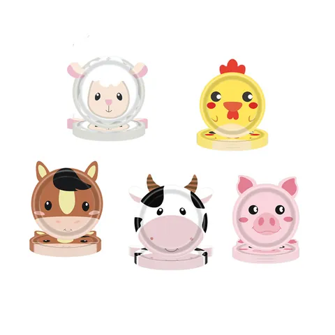 Farm Animal Cartoon Disposable Paper Plates Irregular Shape Chicken Pig Cow Sheep Horse Plates For Kids Birthday Party Table Decor