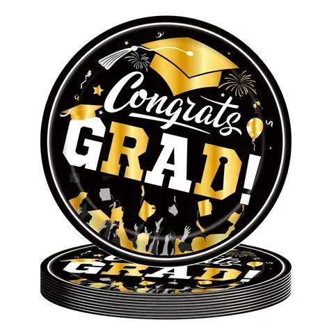 Black And Gold Graduation Party Supplies Disposable Tableware Set Paper Plates Cups Napkins Tablecloth Congrats Grad Decorations