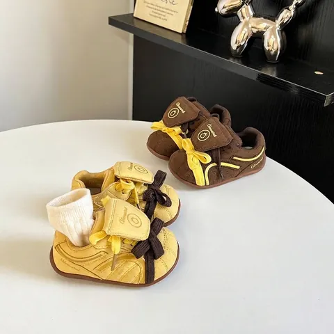 Toddler Walking Shoes German Army Trainer Style Microfiber Leather Color Block Bow Design Boys Girls Casual Sneakers