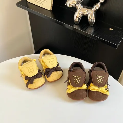 Toddler Walking Shoes German Army Trainer Style Microfiber Leather Color Block Bow Design Boys Girls Casual Sneakers