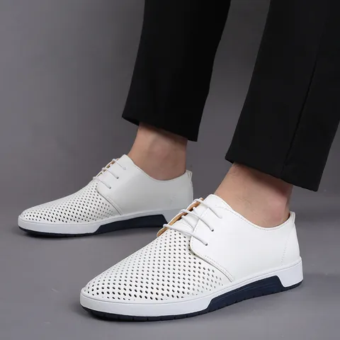 Men's Casual Hollow Perforated Synthetic Leather Shoes Breathable Summer Lace-up Sneakers Fashion Flat Footwear Walking