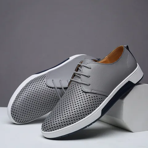 Men's Casual Hollow Perforated Synthetic Leather Shoes Breathable Summer Lace-up Sneakers Fashion Flat Footwear Walking