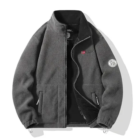 Men Thickened Double Sided Fleece Jacket Stand Collar Full Zipper Warm Windproof Outdoor Sport Casual Top Norway Style
