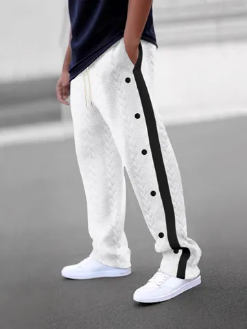Pantalon Décontracté Homme Jacquard Torsades Bande Latérale Boutons Cordon Taille Jambe Droite Pantalon Large pour Homme Quotidien