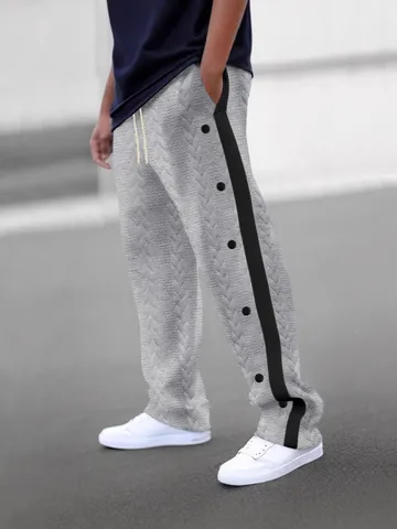 Pantalon Décontracté Homme Jacquard Torsades Bande Latérale Boutons Cordon Taille Jambe Droite Pantalon Large pour Homme Quotidien