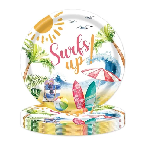 Summer Beach Ocean Wave Theme Disposable Party Tableware Set White Cardboard Plates Cups Napkins Tablecloth Cutlery Party Decor