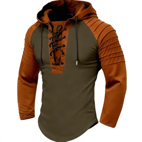 Herren Color Block Kapuzen Polo Shirt Polyester Schnürung Langarm Falten Sweatshirt Streetwear Sport Casual Mode Top