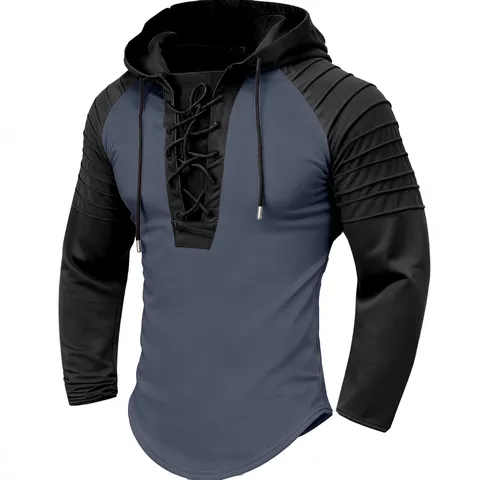 Herren Color Block Kapuzen Polo Shirt Polyester Schnürung Langarm Falten Sweatshirt Streetwear Sport Casual Mode Top