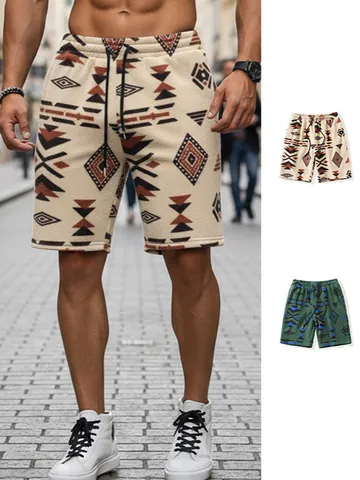 Herren Casual Dickes Fleece Ethno Geometrisches Muster Bedruckte Shorts Kordelzug Elastischer Bund Warme Retro Shorts