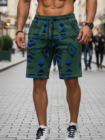 Herren Casual Dickes Fleece Ethno Geometrisches Muster Bedruckte Shorts Kordelzug Elastischer Bund Warme Retro Shorts
