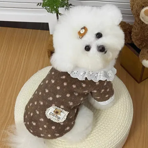 Pet Dog Cat Winter Clothes Lace Collar Floral Pattern Fleece Sweatshirt For Teddy Pomeranian Small Dogs Cat Little Bear Brown