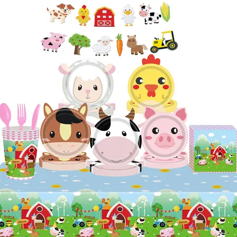 Farm Animal Cartoon Disposable Paper Plates Irregular Shape Chicken Pig Cow Sheep Horse Plates For Kids Birthday Party Table Decor