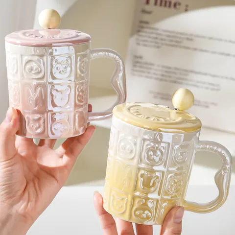 Mug en Céramique Animal de Dessin Animé Avec Couvercle et Cuillère Relief Nacré Électroplaqué Tasse à Café Eau pour Femmes Maison Bureau