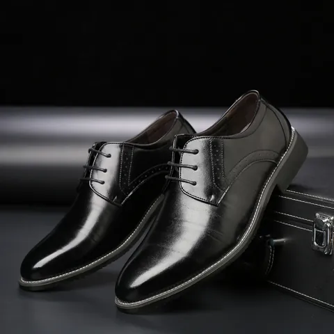 Men's Business Formal Leather Shoes Brogue Lace-up Pointed Toe Non-slip Synthetic Leather Derby Shoes Plus Size