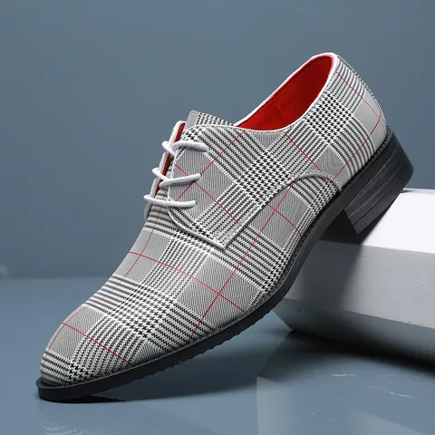 Herren Mode Karo Lederschuhe Spitze Zehe Schnürung Business Casual Brogues Trendy Hahnentritt Muster Stilvolle Gentleman Schuhe