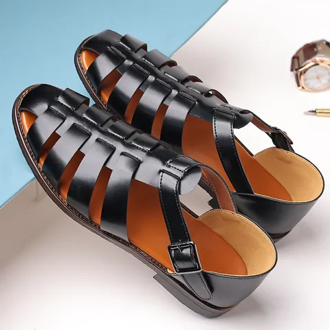 Herren Freizeit Römer Sandalen Atmungsaktiv PU Leder Fischmaul Gladiator Schuhe Gürtelschnalle Britischer Stil Sommer Mode Flache Sandalen