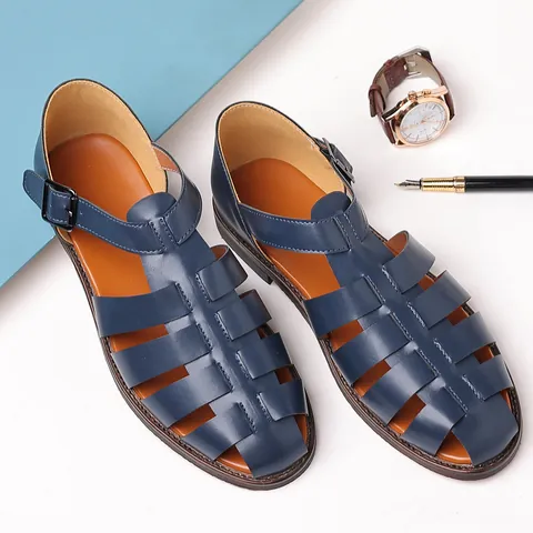 Herren Freizeit Römer Sandalen Atmungsaktiv PU Leder Fischmaul Gladiator Schuhe Gürtelschnalle Britischer Stil Sommer Mode Flache Sandalen