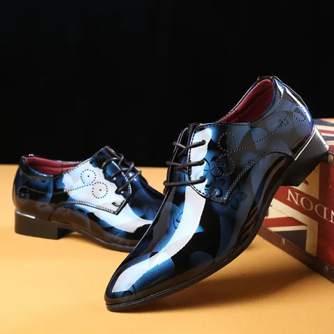 Men's Pointed Toe Business Casual Leather Shoes Glossy Floral Patterned Lace-up Patent Leather Formal Dress Shoes For Wedding Party