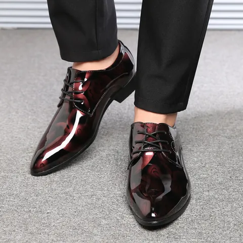 Men's Pointed Toe Business Casual Leather Shoes Glossy Floral Patterned Lace-up Patent Leather Formal Dress Shoes For Wedding Party