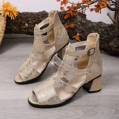 Women Leopard Print Snake Pattern Roman Sandals PU Peep Toe Block Heel Hollow Gladiator Sandals With Rear Zipper Buckle