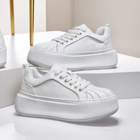 Men's Fashion Thick Sole Board Shoes Shell Toe Athletic Casual Sneakers Two Layer Leather Material Non-Slip Rubber Sole Shoes