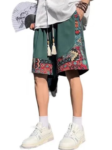 Men Ethnic Style Casual Shorts Polyester Breathable Loose Fit Five-Point Pants Summer Ethnic Print Drawstring Tassel Shorts