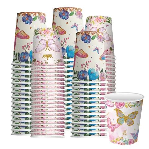 Gobelets en Papier Jetables Thème Papillon et Fleurs Gobelets Décoratifs pour Goûter Mariage Anniversaire Événement Accessoires de Fête