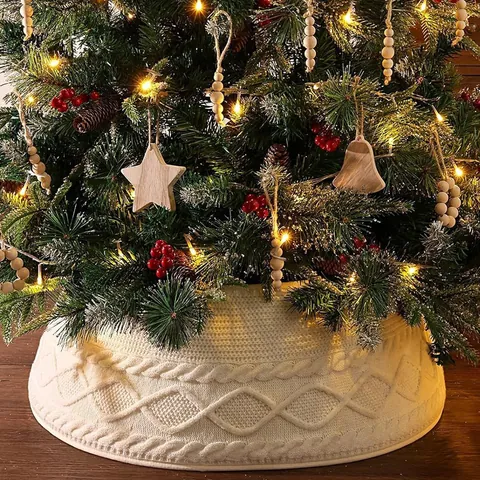 Cable Knit Christmas Tree Skirt White Cream Tree Collar 28 Inch Nordic Xmas Decor for Holiday Party Home Decoration