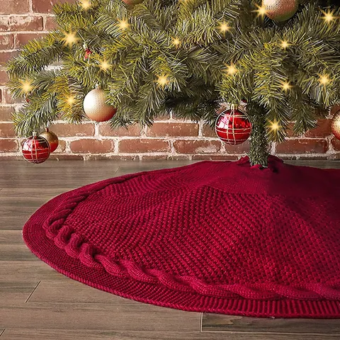 Kabelgebreide Kerstboomrok Acryl Machinaal Gebreide Ronde Boomrok Met Pompons Voor Vakantie Huis Feest Decoratie