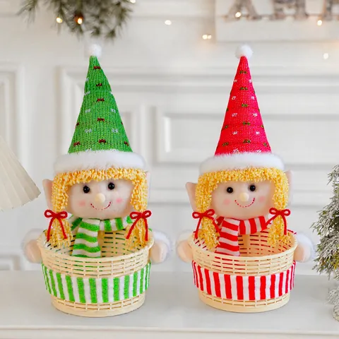 Christmas Elf Doll Candy Basket Desktop Decoration Elf Woven Storage Basket Holiday Gift Kids Fruit Basket Red Green Home Decor