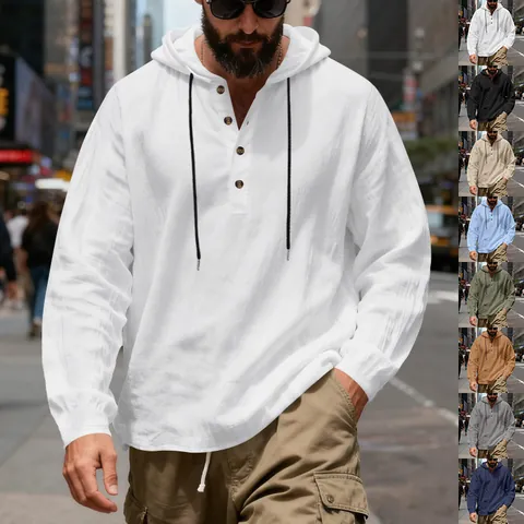 Heren Casual Linnen Shirt met Capuchon Henley Lange Mouw Losse Pasvorm Ademend Strand Hoodie Pullover Top Smart Fashion Kleding