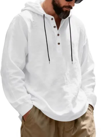 Heren Hoodie Henley Shirt Linnen Look Lange Mouw Casual Strand Top Losse Pasvorm Effen Ademende Pullover Hoodie Voor Mannen