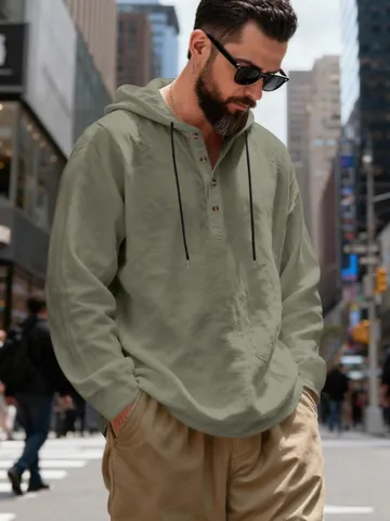 Heren Hoodie Henley Shirt Linnen Look Lange Mouw Casual Strand Top Losse Pasvorm Effen Ademende Pullover Hoodie Voor Mannen